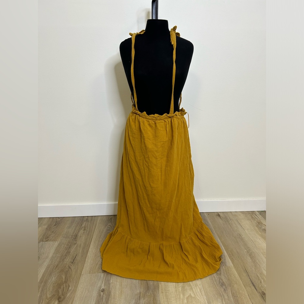 ◾️Catamaran Mustard Yellow Tiered Maxi Skirt With Overall Tie Straps And Pockets